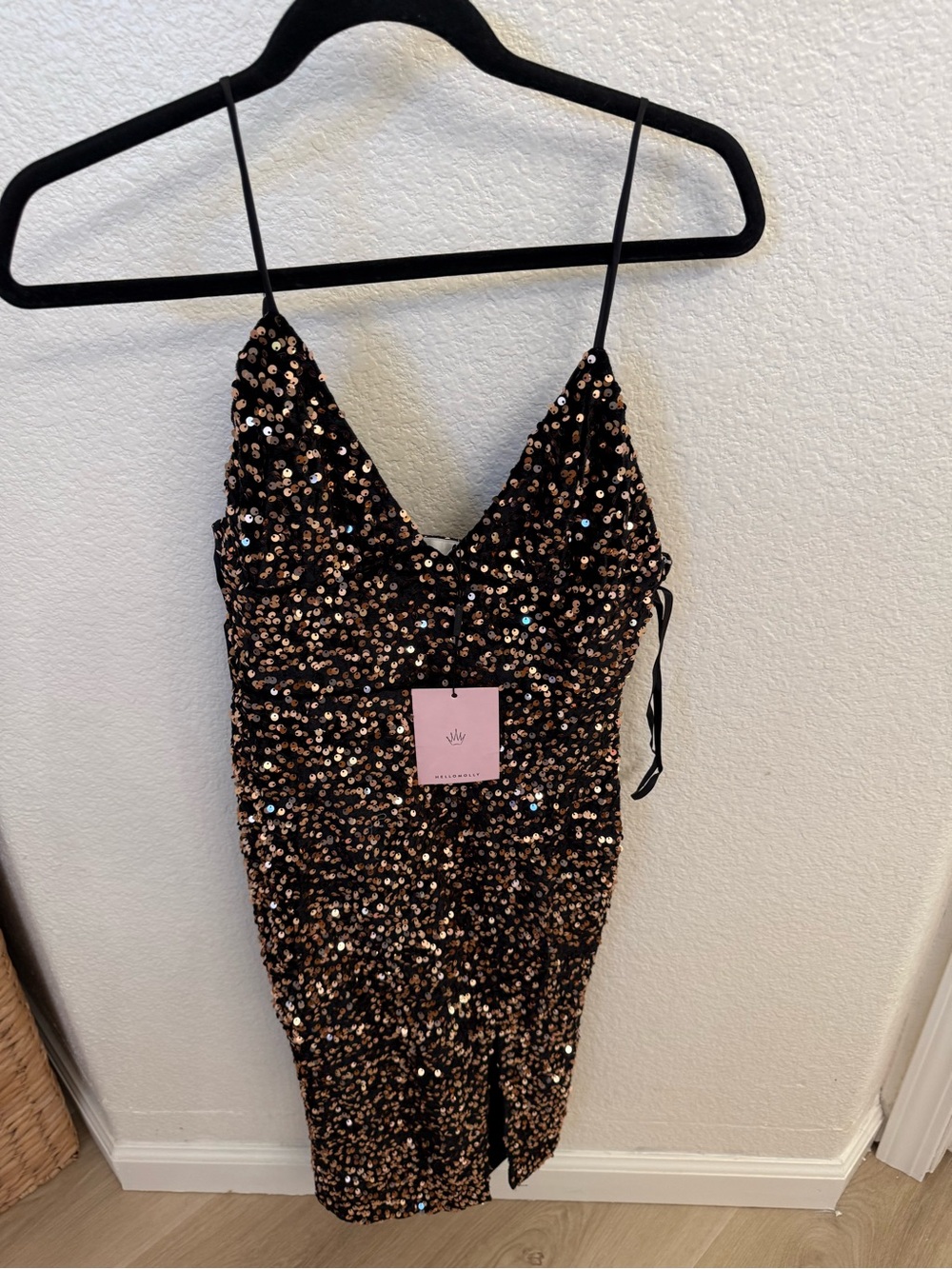 Hello Molly Black Slip Dress with Gold Sequins